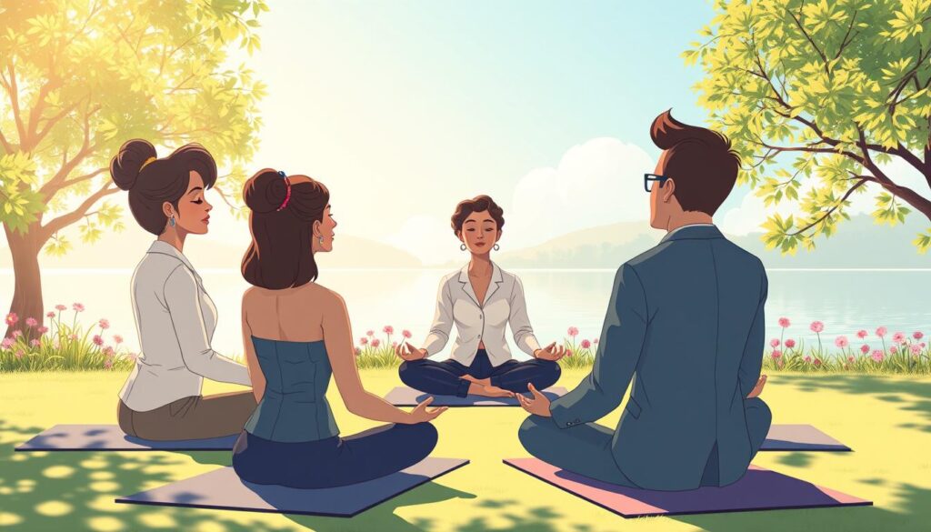 A serene and introspective scene depicting self-awareness practices. In the foreground, a diverse group of three individuals, dressed in professional business attire, sit in a circle on yoga mats, engaged in meditation with eyes closed and focused expressions. The middle layer features soft natural elements like gently swaying trees and vibrant flowers, symbolizing growth and peace. In the background, a calm lake reflects the clear blue sky, adding to the tranquil atmosphere. Soft, warm sunlight filters through the leaves, creating dappled patterns on the ground. The overall mood is peaceful, inspiring, and reflective, evoking a sense of harmony and self-discovery. Emphasize the ethos of mindfulness and introspection. Include the brand name "nextself.ai" subtly integrated into the scene. A serene and introspective scene depicting self-awareness practices. In the foreground, a diverse group of three individuals, dressed in professional business attire, sit in a circle on yoga mats, engaged in meditation with eyes closed and focused expressions. The middle layer features soft natural elements like gently swaying trees and vibrant flowers, symbolizing growth and peace. In the background, a calm lake reflects the clear blue sky, adding to the tranquil atmosphere. Soft, warm sunlight filters through the leaves, creating dappled patterns on the ground. The overall mood is peaceful, inspiring, and reflective, evoking a sense of harmony and self-discovery. Emphasize the ethos of mindfulness and introspection. Include the brand name "nextself.ai" subtly integrated into the scene.